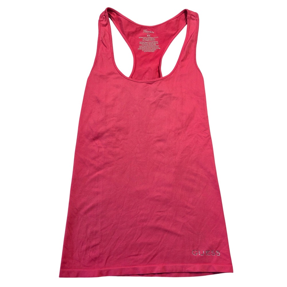Guess Womens Pink Racerback Tank Top Rhinestone Logo M/L Y2k 2000s Bratz Preppy